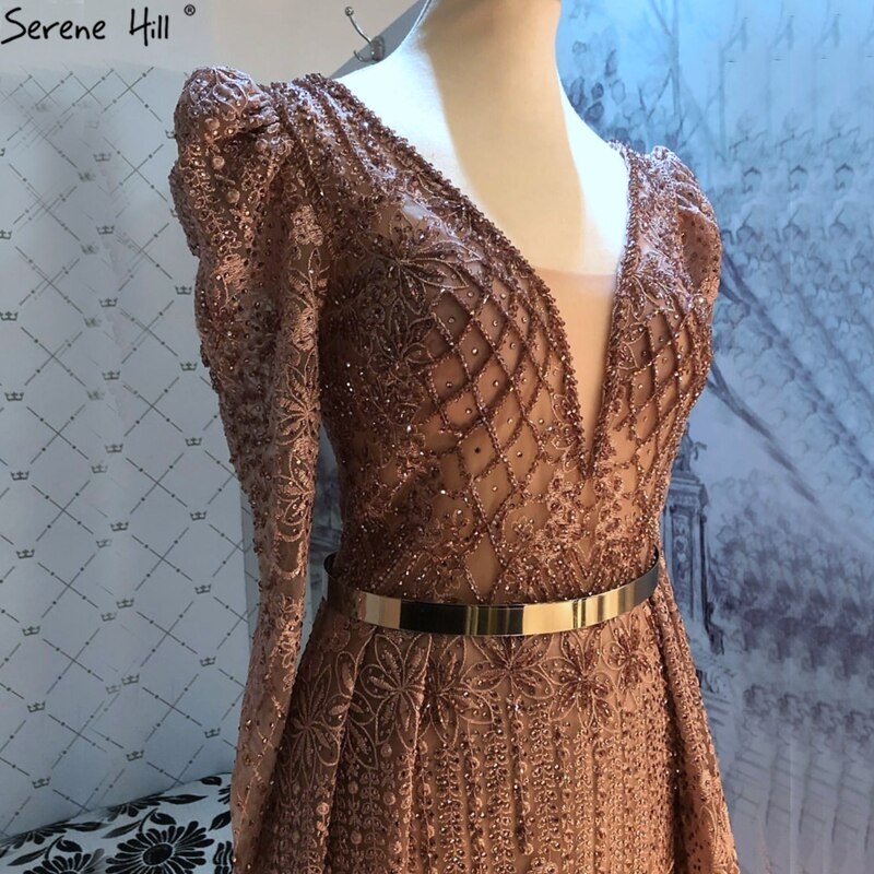 Wine Red Mermaid V-Neck Dubai Evening Dresses 2021 Luxury Long Sleeves Beading Crystal Formal Dress Serene Hill LA70537 - SERENE HILL