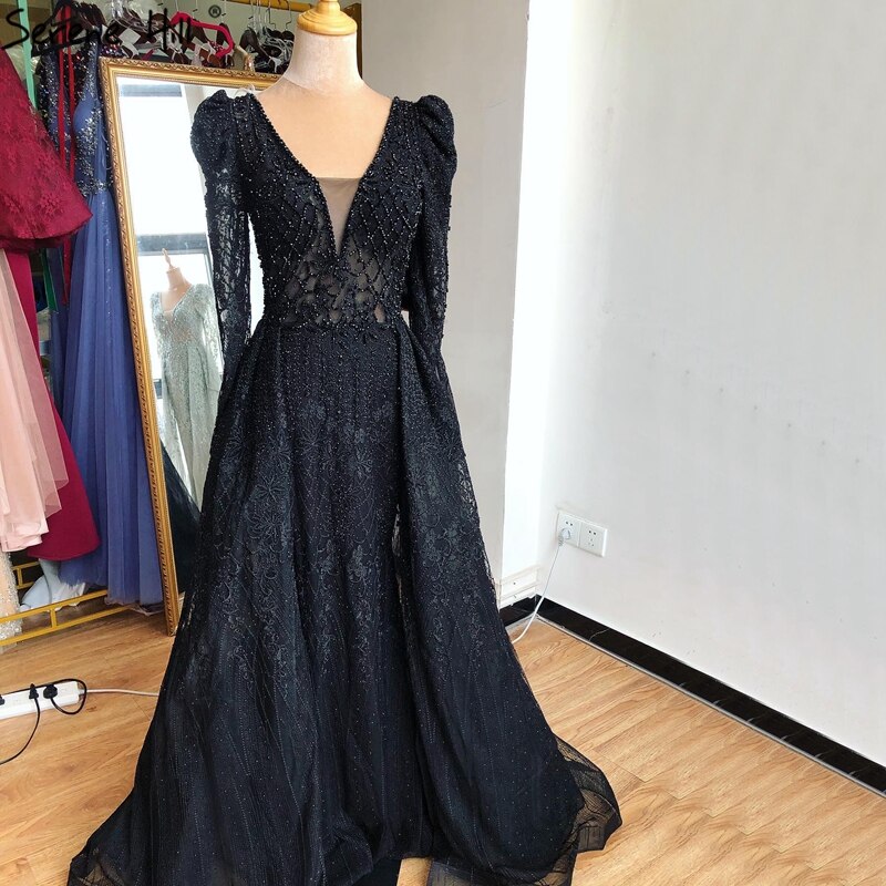 Wine Red Mermaid V-Neck Dubai Evening Dresses 2021 Luxury Long Sleeves Beading Crystal Formal Dress Serene Hill LA70537 - SERENE HILL