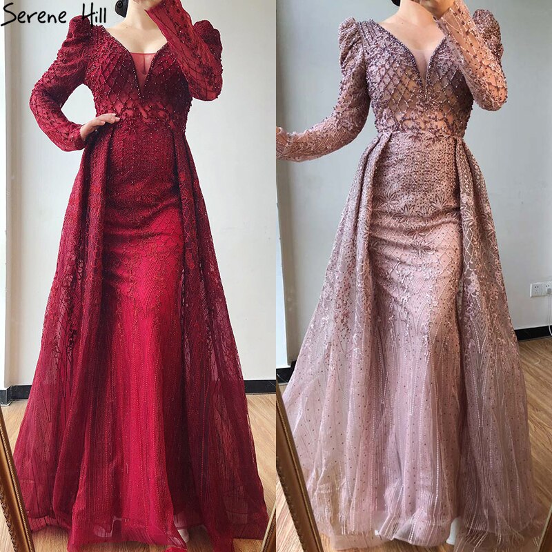 Wine Red Mermaid V-Neck Dubai Evening Dresses 2021 Luxury Long Sleeves Beading Crystal Formal Dress Serene Hill LA70537 - SERENE HILL
