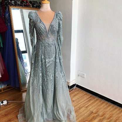 Wine Red Mermaid V-Neck Dubai Evening Dresses 2025 Luxury Long Sleeves Beading Crystal Formal Dress Serene Hill LA70537 - SERENE HILL