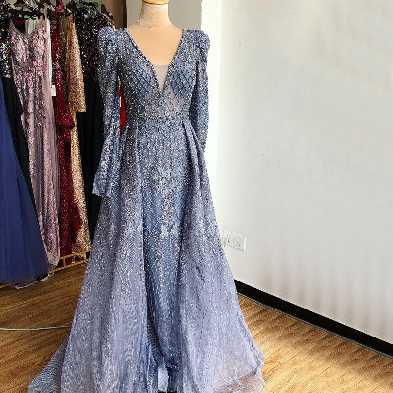 Wine Red Mermaid V-Neck Dubai Evening Dresses 2021 Luxury Long Sleeves Beading Crystal Formal Dress Serene Hill LA70537 - SERENE HILL