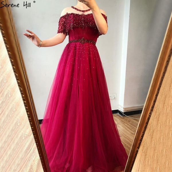 Wine Red Sequin A-Line Evening Dress with Short Sleeves LA70352