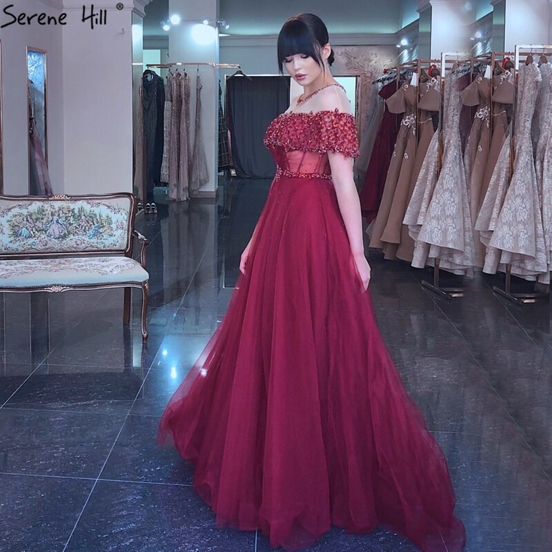 Wine Red Sequin A-Line Evening Dress with Short Sleeves LA70352 - SERENE HILL