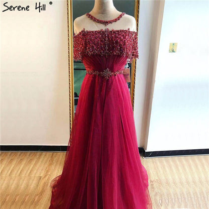Wine Red Sequin A-Line Evening Dress with Short Sleeves LA70352 - SERENE HILL