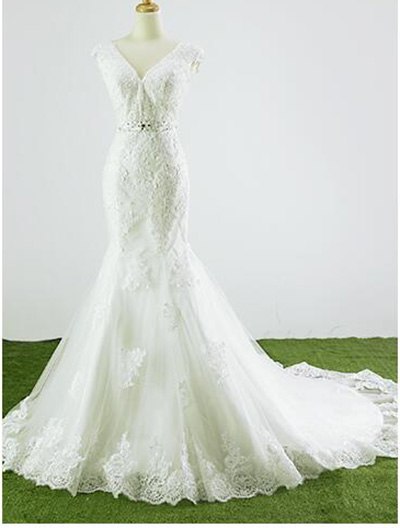 Photography Mermaid Wedding Dress Deep-V Beading Crystal Bridal Gowns HM66259 - SERENE  HILL