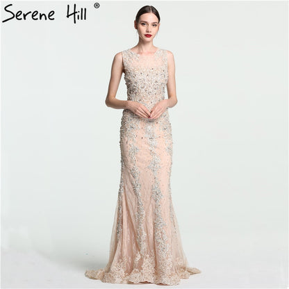 On Sale No Return No Refund Sale Lace Mermaid Evening Gowns Sleeveless Crystal Pearls Tulle Evening Dress Long LA6117 - SERENE HILL
