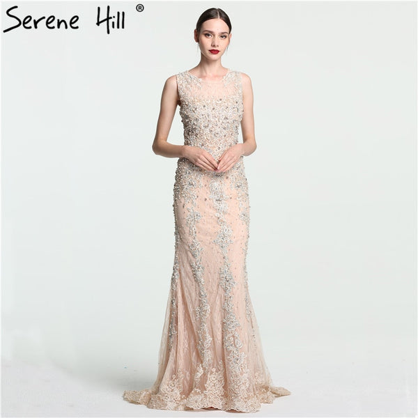 On Sale No Return No Refund Sale Lace  Mermaid Evening Gowns Sleeveless Crystal Pearls Tulle Evening Dress Long LA6117 - SERENE  HILL