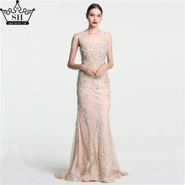 On Sale No Return No Refund Sale Lace  Mermaid Evening Gowns Sleeveless Crystal Pearls Tulle Evening Dress Long LA6117 - SERENE  HILL
