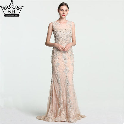 On Sale No Return No Refund Sale Lace Mermaid Evening Gowns Sleeveless Crystal Pearls Tulle Evening Dress Long LA6117 - SERENE HILL