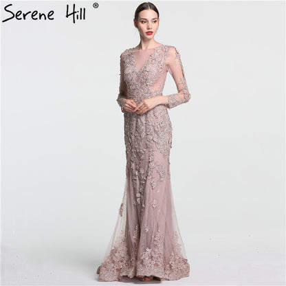 Elegant Mermaid Tulle Long Evening Dresses Pearls Crystal LA6087 - SERENE HILL