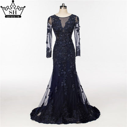 Elegant Mermaid Tulle Long Evening Dresses Pearls Crystal LA6087 - SERENE HILL
