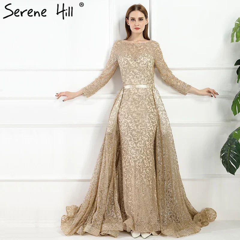 On Sale no return no refundSale Fashion Mermaid Luxury Evening Dress Long Sleeves Gliter with train Evening Gowns 2025 Serene Hill LA6112 - SERENE HILL
