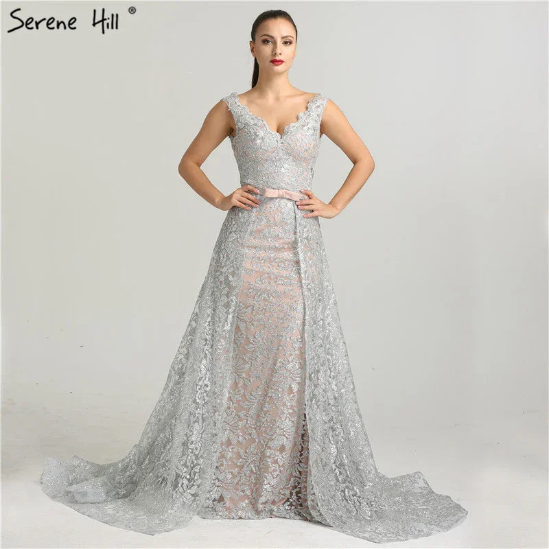 On Sale no return no refundSale Deep-V Sleeveless Gliter Vintage Sexy Evening Dresses Mermaid Fashion Elegant With Removrable Train Evening Gown LA6235 - SERENE HILL
