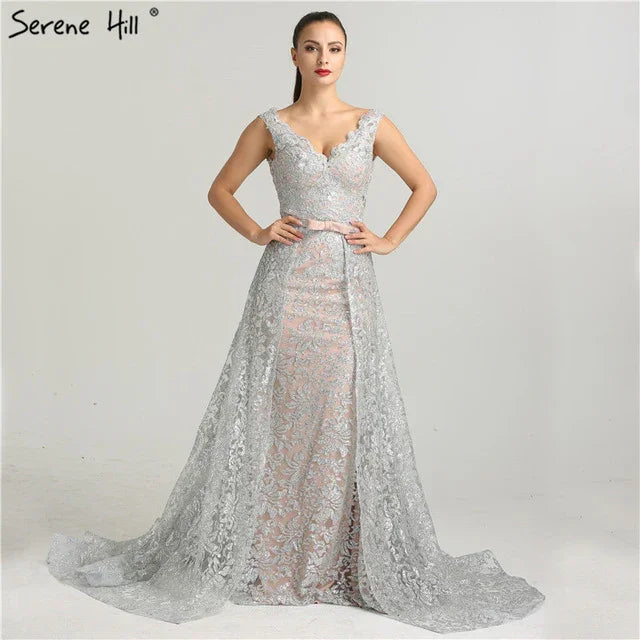 On Sale no return no refundSale Deep-V Sleeveless Gliter Vintage Sexy Evening Dresses Mermaid Fashion Elegant With Removrable Train Evening Gown LA6235 - SERENE HILL