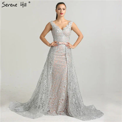 On Sale no return no refundSale Deep-V Sleeveless Gliter Vintage Sexy Evening Dresses Mermaid Fashion Elegant With Removrable Train Evening Gown LA6235 - SERENE HILL