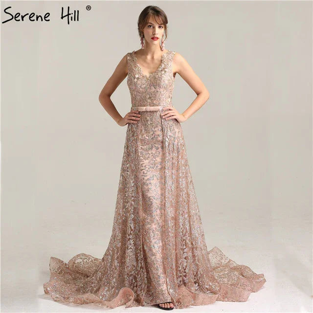 On Sale no return no refundSale Deep-V Sleeveless Gliter Vintage Sexy Evening Dresses Mermaid Fashion Elegant With Removrable Train Evening Gown LA6235 - SERENE HILL