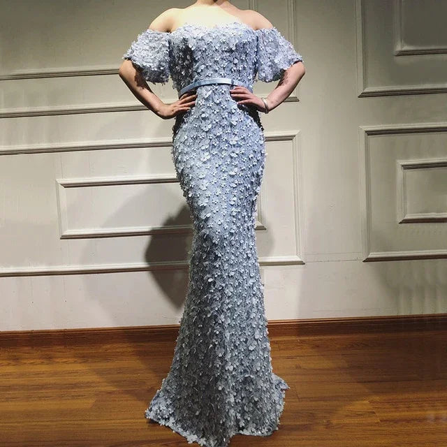 On Sale no return no refundSexy Short Sleeves Mermaid Evening Dresses 2025 Embroidery Pearls Fashion Evening Gowns Serene Hill LA6519 - SERENE HILL