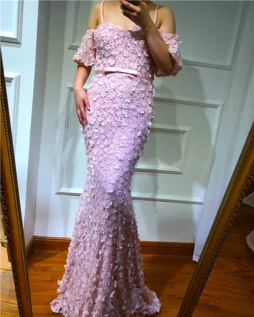 On Sale no return no refundSexy Short Sleeves Mermaid Evening Dresses 2025 Embroidery Pearls Fashion Evening Gowns Serene Hill LA6519 - SERENE HILL
