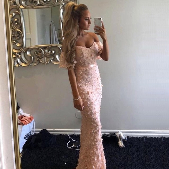 On Sale no return no refundSexy Short Sleeves Mermaid Evening Dresses 2025 Embroidery Pearls Fashion Evening Gowns Serene Hill LA6519 - SERENE  HILL
