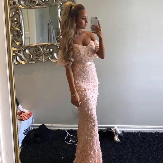 On Sale no return no refundSexy Short Sleeves Mermaid Evening Dresses 2025 Embroidery Pearls Fashion Evening Gowns Serene Hill LA6519 - SERENE HILL