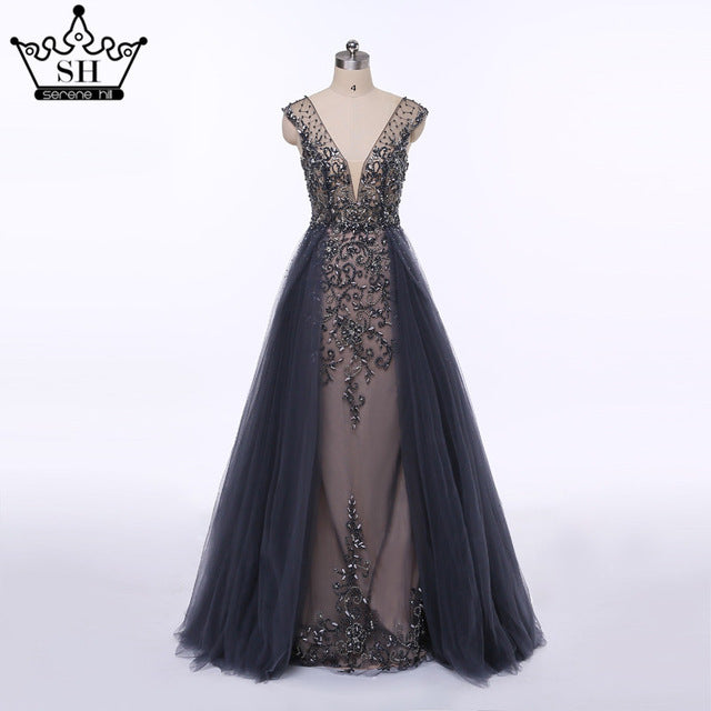 Hard Beading  Navy  Blue With Train  Evening Dress Long Diamond Crystal Tulle Formal Evening Dress 2025 Serene Hill LA6185 - SERENE  HILL