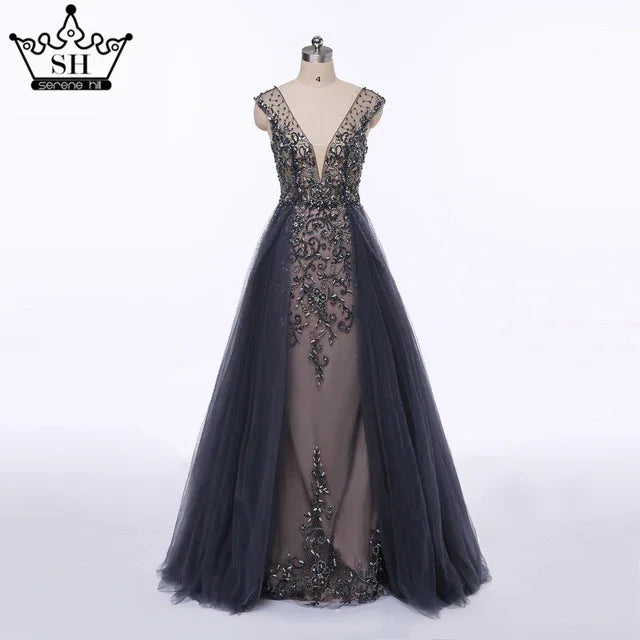 Hard Beading Navy Blue With Train Evening Dress Long Diamond Crystal Tulle Formal Evening Dress 2025 Serene Hill LA6185 - SERENE HILL