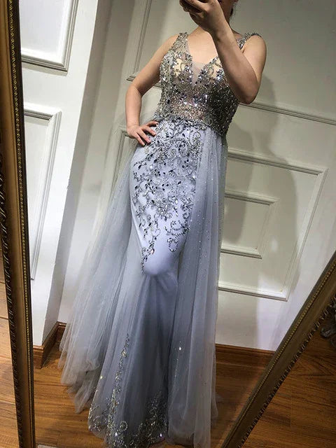Hard Beading Navy Blue With Train Evening Dress Long Diamond Crystal Tulle Formal Evening Dress 2025 Serene Hill LA6185 - SERENE HILL