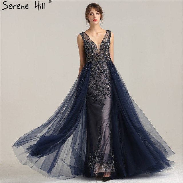 Hard Beading  Navy  Blue With Train  Evening Dress Long Diamond Crystal Tulle Formal Evening Dress 2025 Serene Hill LA6185 - SERENE  HILL