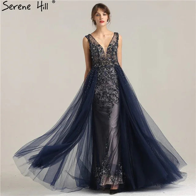 Hard Beading Navy Blue With Train Evening Dress Long Diamond Crystal Tulle Formal Evening Dress 2025 Serene Hill LA6185 - SERENE HILL