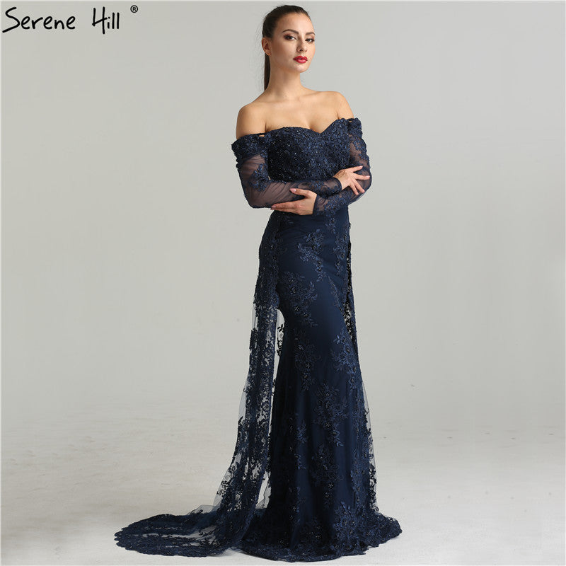 On Sale No Return No Refund  Long Sleeve Embroidery Pearls Sexy Evening Dresses 2025 Fashion Elegant Lace Mermaid Evening Gown LA6377 - SERENE  HILL