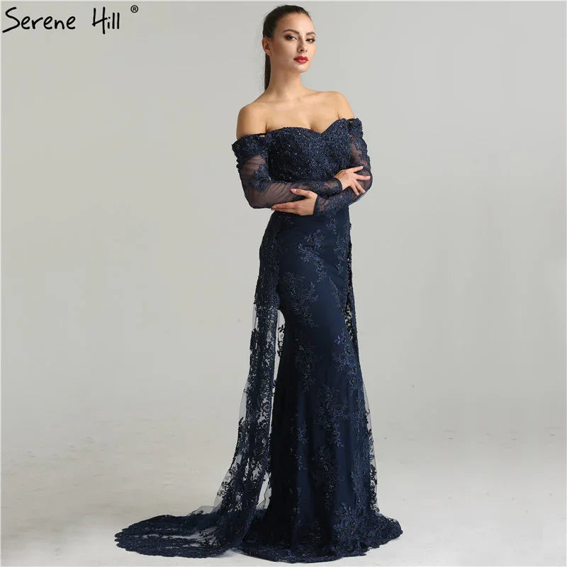 On Sale No Return No Refund Long Sleeve Embroidery Pearls Sexy Evening Dresses 2025 Fashion Elegant Lace Mermaid Evening Gown LA6377 - SERENE HILL