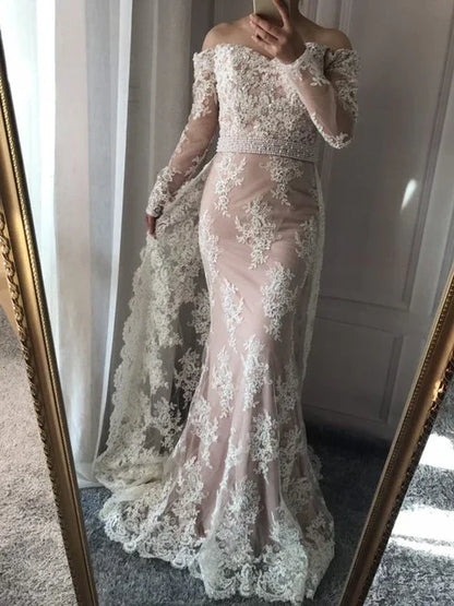 On Sale No Return No Refund Long Sleeve Embroidery Pearls Sexy Evening Dresses 2025 Fashion Elegant Lace Mermaid Evening Gown LA6377 - SERENE HILL