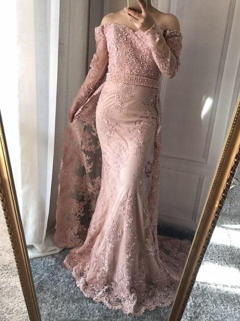 On Sale No Return No Refund Long Sleeve Embroidery Pearls Sexy Evening Dresses 2025 Fashion Elegant Lace Mermaid Evening Gown LA6377 - SERENE HILL