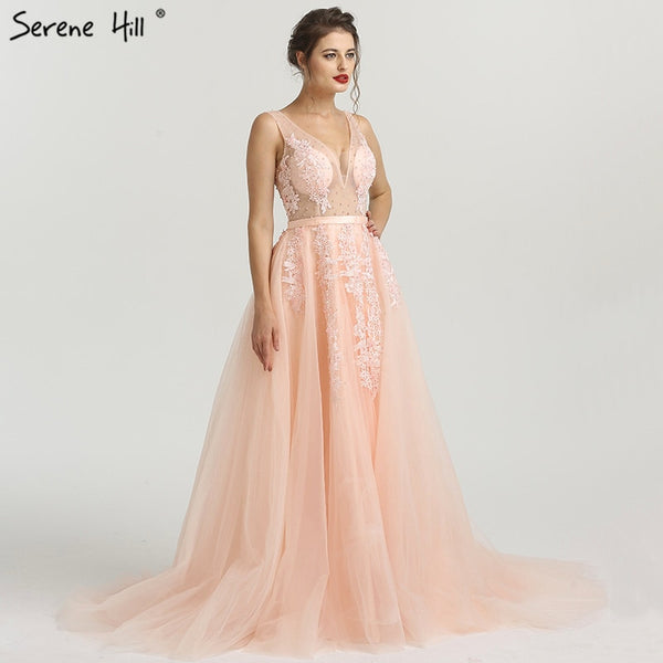 On Sale no return no refundSale Pink Perspective Deep-V Backless Appliques Pearl Sleeveless Photography Evening Gowns HA2160