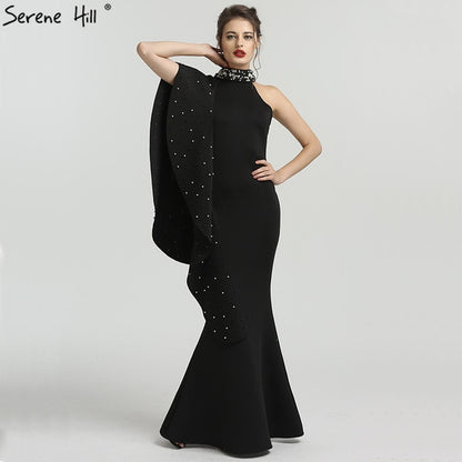 On Sale No Return No Refund Sale Design Black High Neck Mermaid Evening Dresses Elegant Pearls Sleeveless Long QA8024 - SERENE HILL