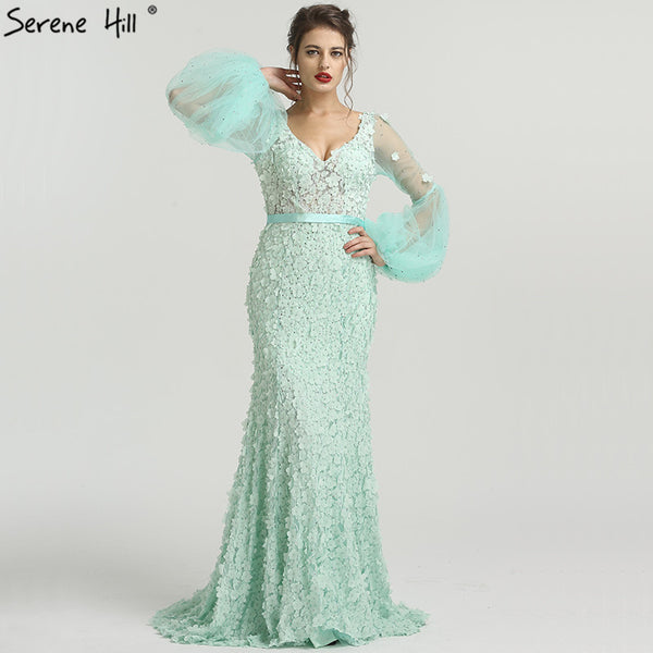 On Sale No Return No Refund  V-Neck Long Sleeves Mermaid Evening Dresses Flowers Pearls Fashion LA6514