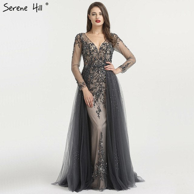 Long Sleeve Sexy V-Neck New Evening Dress 2025 A-Line Fashion Diamond Beading With Train Evening Dress Real Photo LA6571 - SERENE  HILL