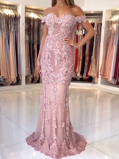 On Sale no return no refundSale Pink Mermaid Boat Neck Evening Dresses Lace Pears Diamond LA6560 - SERENE  HILL