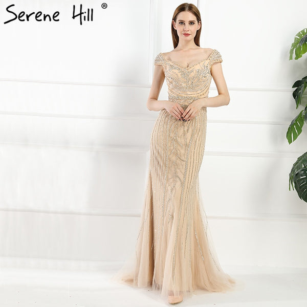 Sexy  Off Shouler Diamond Gold Nude Mermaid Evening Dresses Sparkly Evening Gown  2025  Real Photo LA6110 - SERENE  HILL