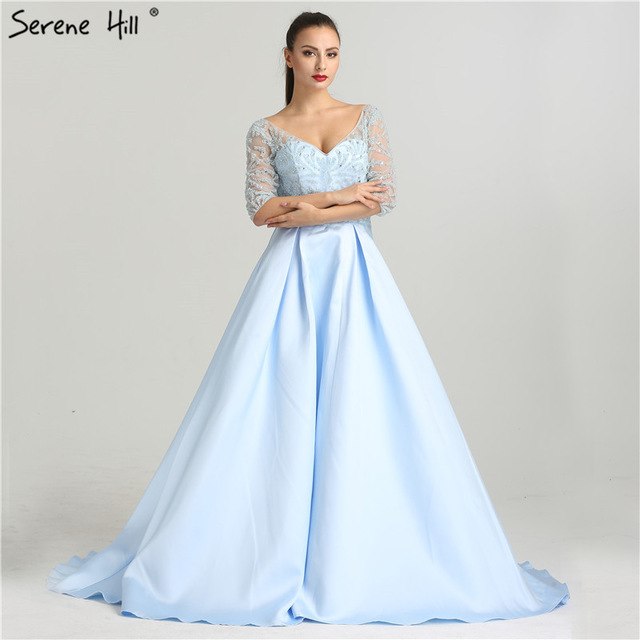 V-Neck Sexy Evening Dresses Long Half Sleeves Crystal Beading LA6429 blue / 10 V-Neck Sexy Evening Dresses Long Half Sleeves Crystal Beading LA6429 blue / 10