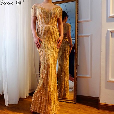 On Sale no return no refundSale Gold Luxury Sleeveless Mermaid Evening Dresses Elegant Sparkle Evening Gowns LA6543 - SERENE  HILL