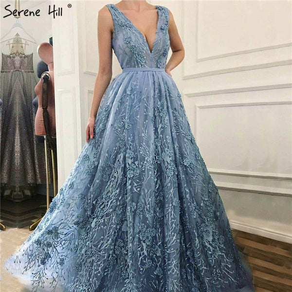 On Sale no return no refund Sale Deep-V Tulle Evening Dresses Appliques Pearls Sleeveless LA6482