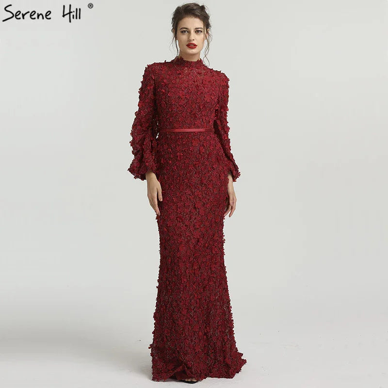 Flowers Pearls Long Sleeves Mermaid Evening Dresses Muslim Fashion Elegant Tulle Evening Gowns 2025 Serene Hill LA6293 - SERENE HILL