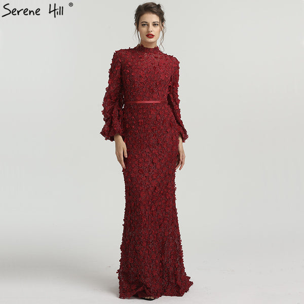 Flowers Pearls Long Sleeves Mermaid Evening Dresses Muslim Fashion Elegant Tulle Evening Gowns 2025 Serene Hill LA6293 - SERENE  HILL
