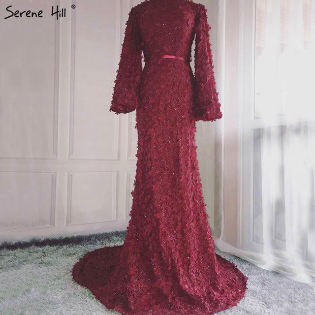 Flowers Pearls Long Sleeves Mermaid Evening Dresses Muslim Fashion Elegant Tulle Evening Gowns 2025 Serene Hill LA6293 - SERENE  HILL