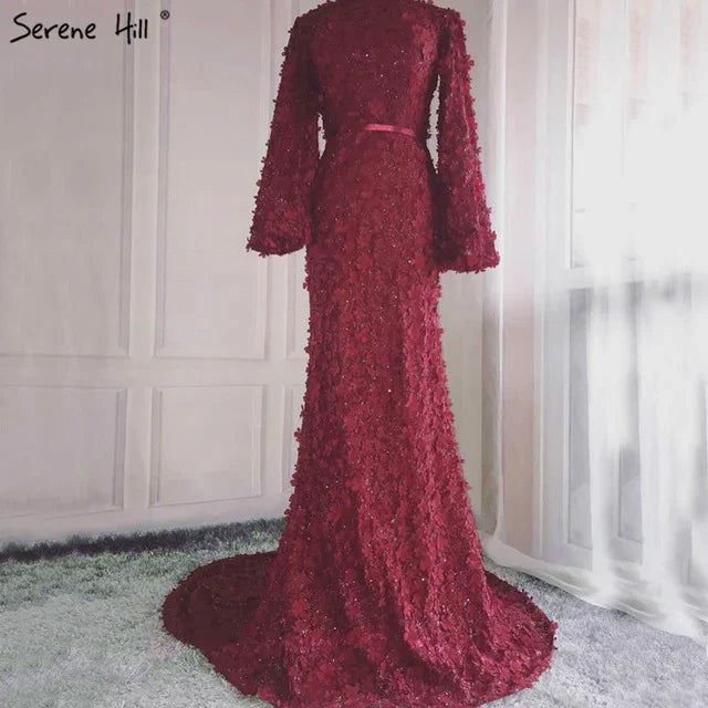 Flowers Pearls Long Sleeves Mermaid Evening Dresses Muslim Fashion Elegant Tulle Evening Gowns 2025 Serene Hill LA6293 - SERENE HILL