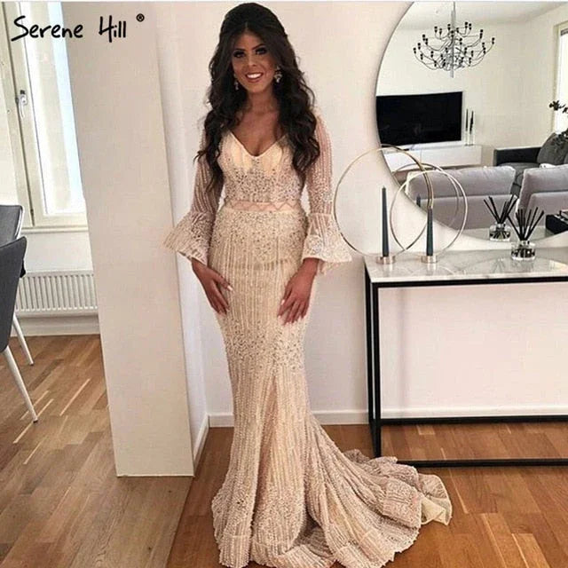 On Sale no return no refundSale Long Sleeves Fashion Luxury Evening Dresses V-Neck Mermaid Pearls Crystal Sexy Evening Gowns Luxury Dubai LA6489 - SERENE HILL