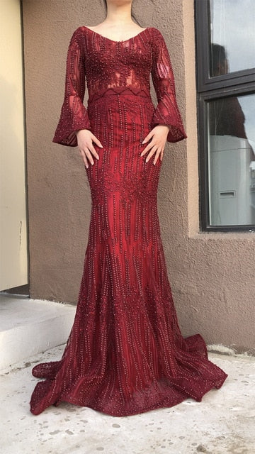 On Sale  no return no refundSale Long Sleeves Fashion Luxury Evening Dresses V-Neck Mermaid Pearls Crystal Sexy Evening Gowns   Luxury Dubai LA6489 - SERENE  HILL