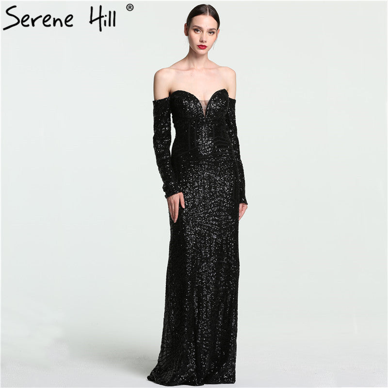 On Sale no return no refund Sale Vintage Off Shoulder Long Sleeves Evening Dresses Beading Sequined Mermaid LA6128 - SERENE HILL