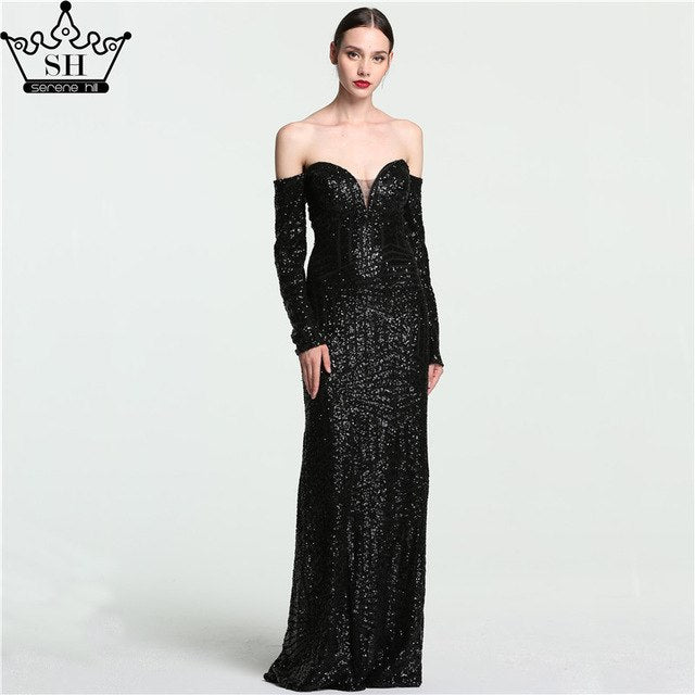 On Sale no return no refund Sale Vintage Off Shoulder Long Sleeves Evening Dresses Beading Sequined Mermaid LA6128 - SERENE HILL